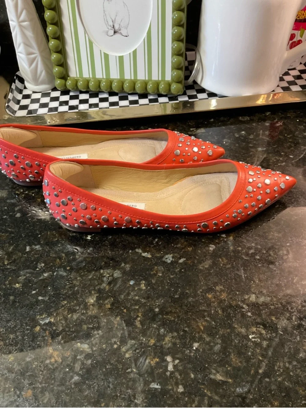 Diane von Furstenberg Silver Studded Orange/Red Pointed Toe Flat Sz 9.5 M luxury